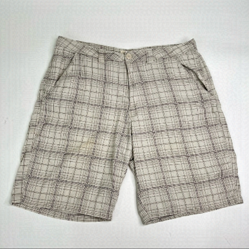 MIDTOWN Cream Green & Brown Plaid Breezy Summer Pocket Cotton Shorts SIZE 36